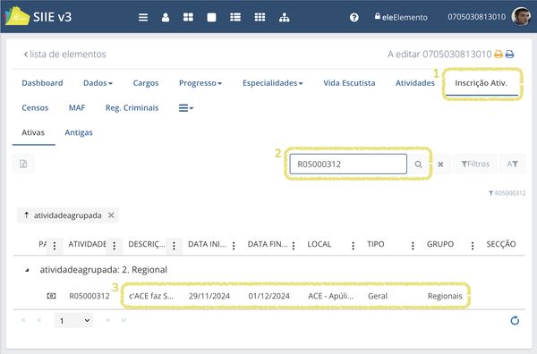 Separador Inscrição Atividades no SIIE